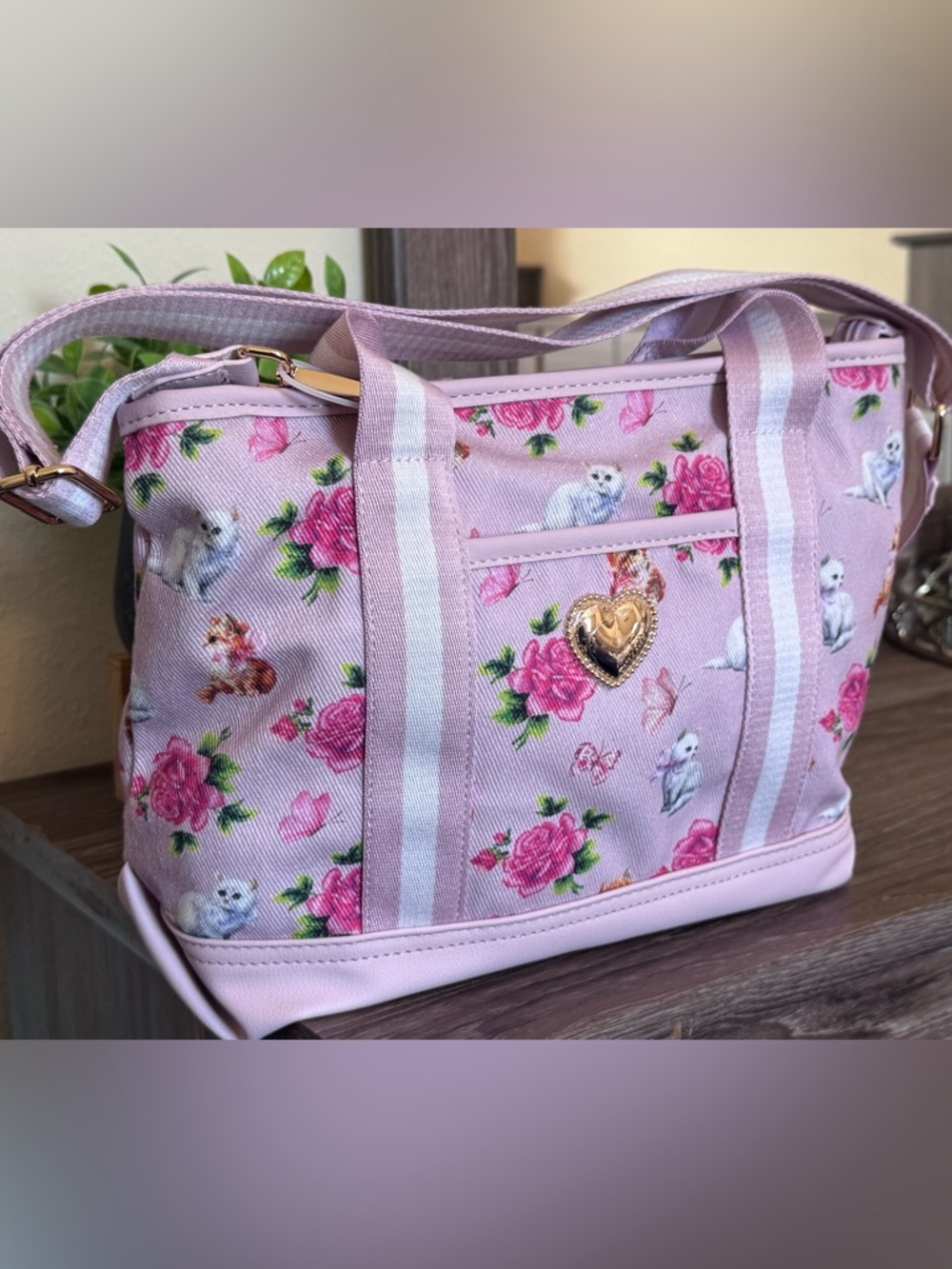 BETSEY JOHNSON CATS PINK ROSES BUTTERFLIES TOTE/CROSSBODY BAG LUV BETSEY KITTENS